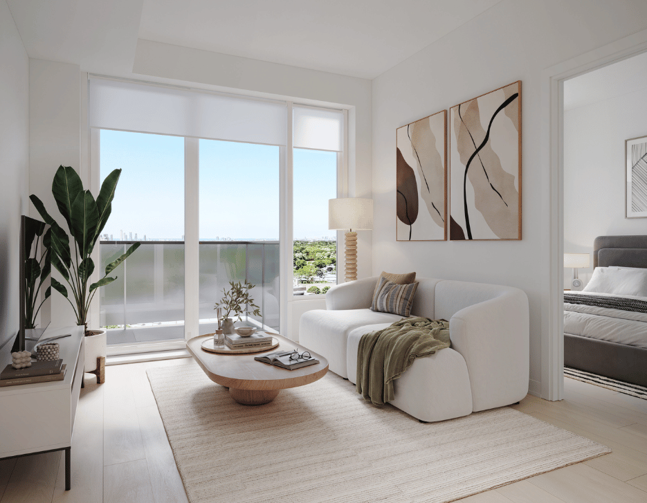 Living room in a One Bedroom Suite at 610 Martin Grove slider-img